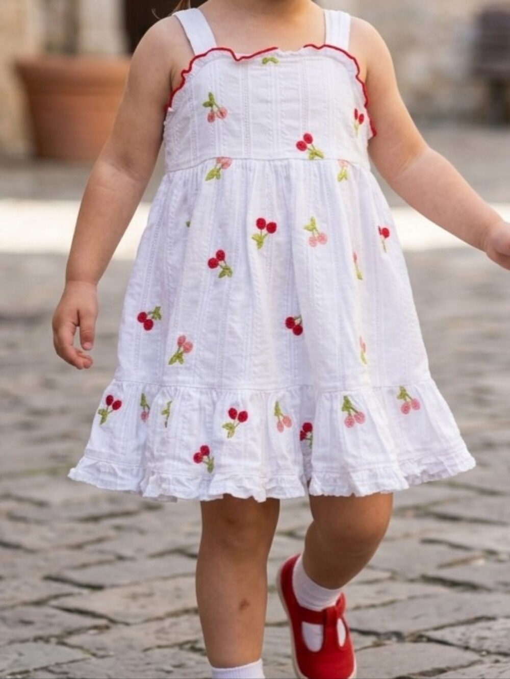 Flapdoodles White Cherry Embroidered Ruffle Dress 12M